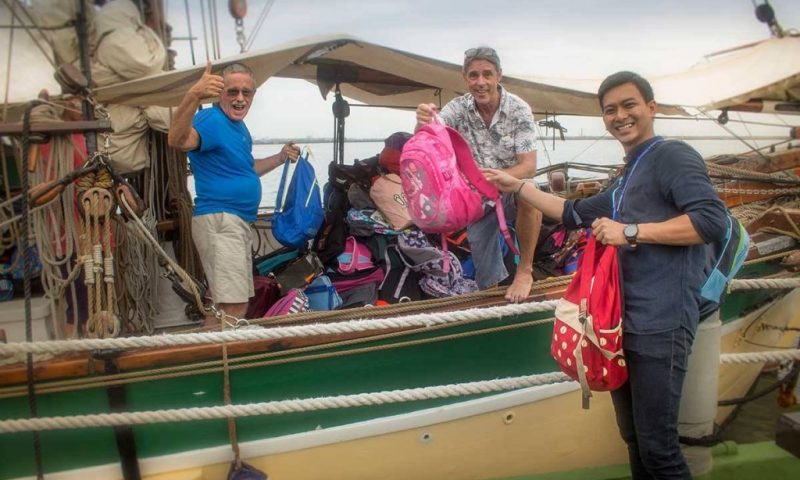 Where we manage to put all the bags still amazes me. Each bag contains a full list of school supplies a student needs.