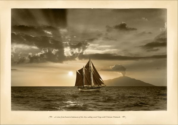 A VIEW FROM EASTERN INDONESIA OF THE 1892 SAILING VESSEL VEGA WITH VOLCANO PALUWEH
