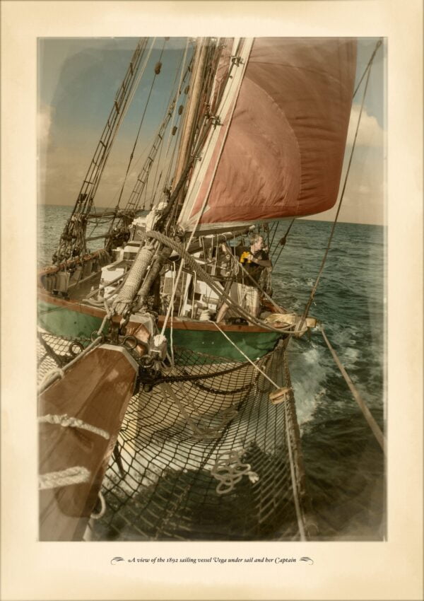 The 1892 historic sailing vessel Vega under sail in the Banda Sea on her way to deliver educational and medical supplies to remote island communities.
